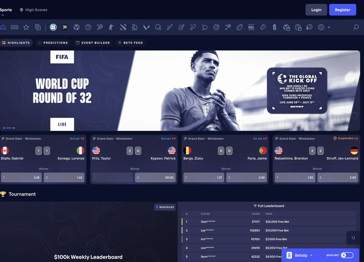 Duel Sportsbook interface with a World Cup banner, live Wimbledon tennis matches with odds and a 100,000 dollar weekly leaderboard.
